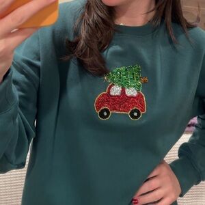 Green Sweatshirt with Christmas Hand Beaded Embroidery